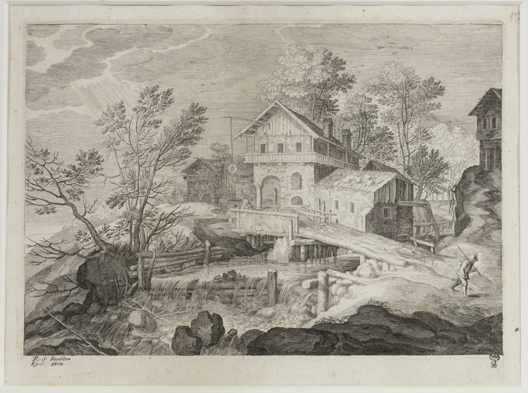Huizen bij een brug, uit een reeks "Grote landschappen uit Tirol" naar Roelant Savery, 17de eeuw