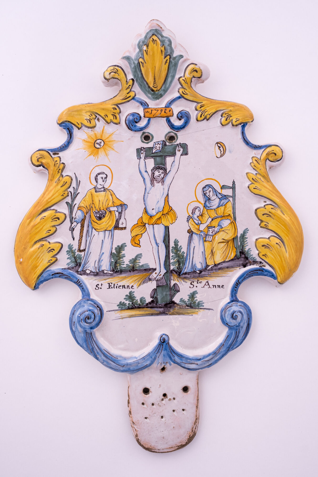Plaat van wijwaterbakje, faience, Nevers (Fr), 1792