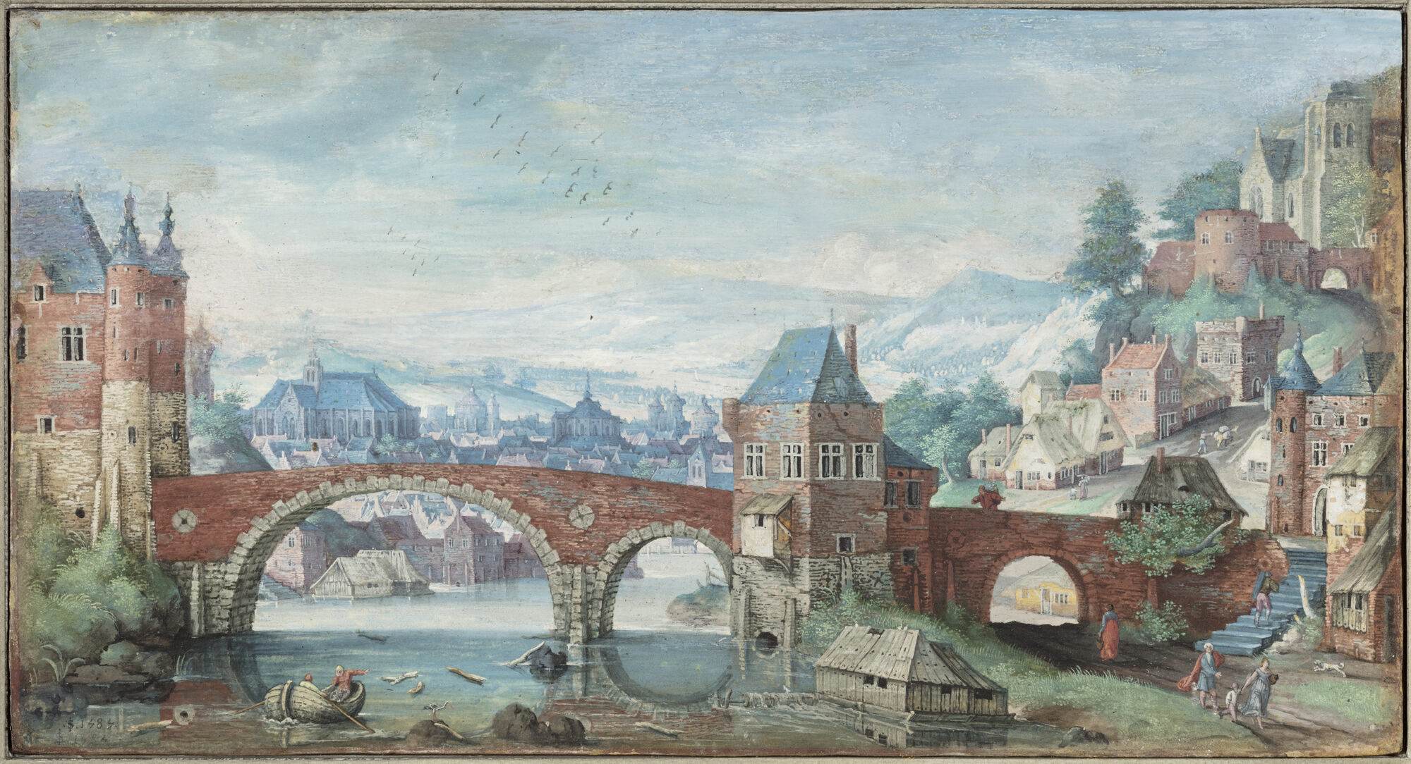 Stadsgezicht met brug, 16de eeuw