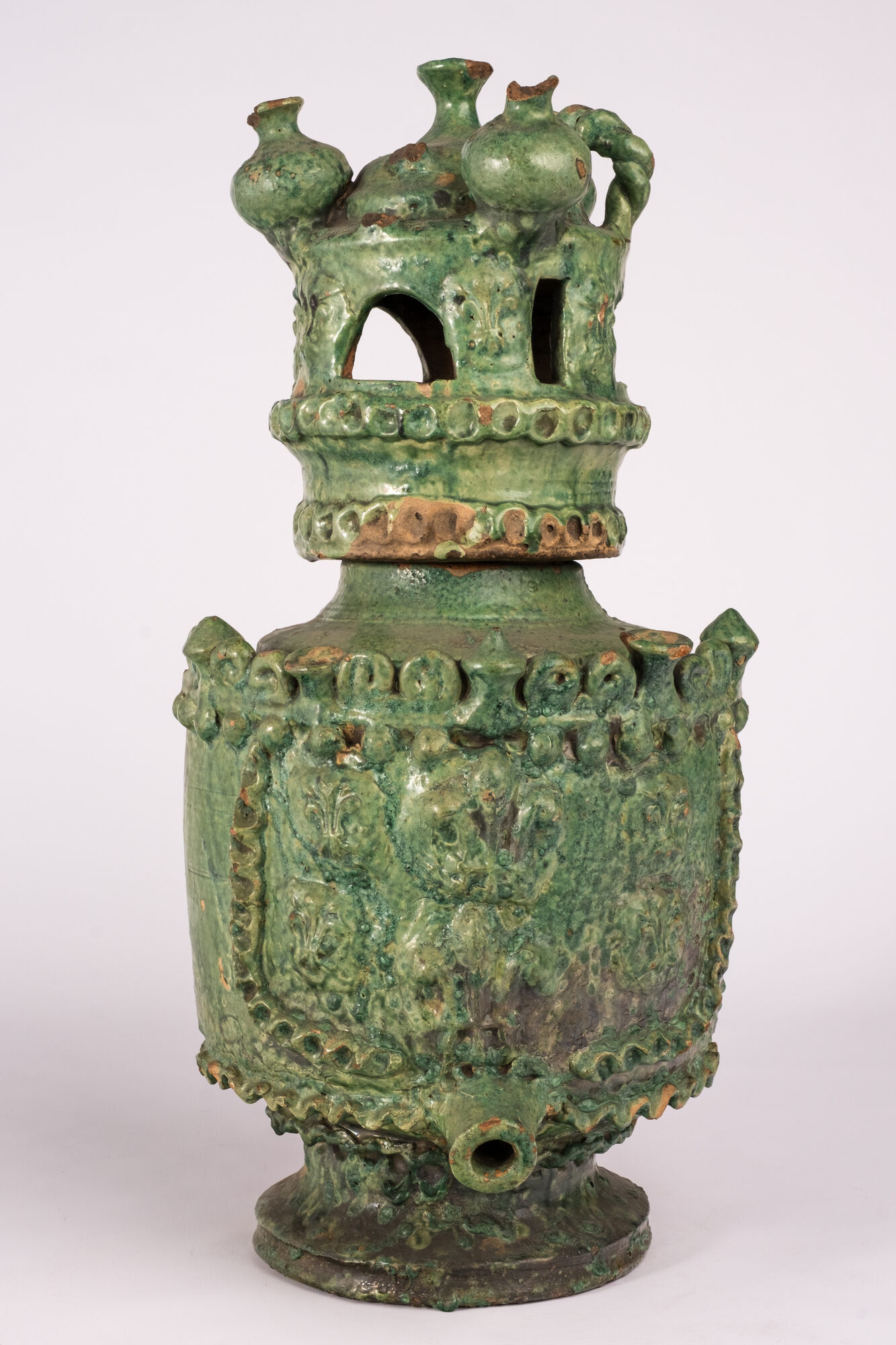 Tweedelige azijnkruik, geglazuurd aardewerk, Normandië (FR), 17de eeuw