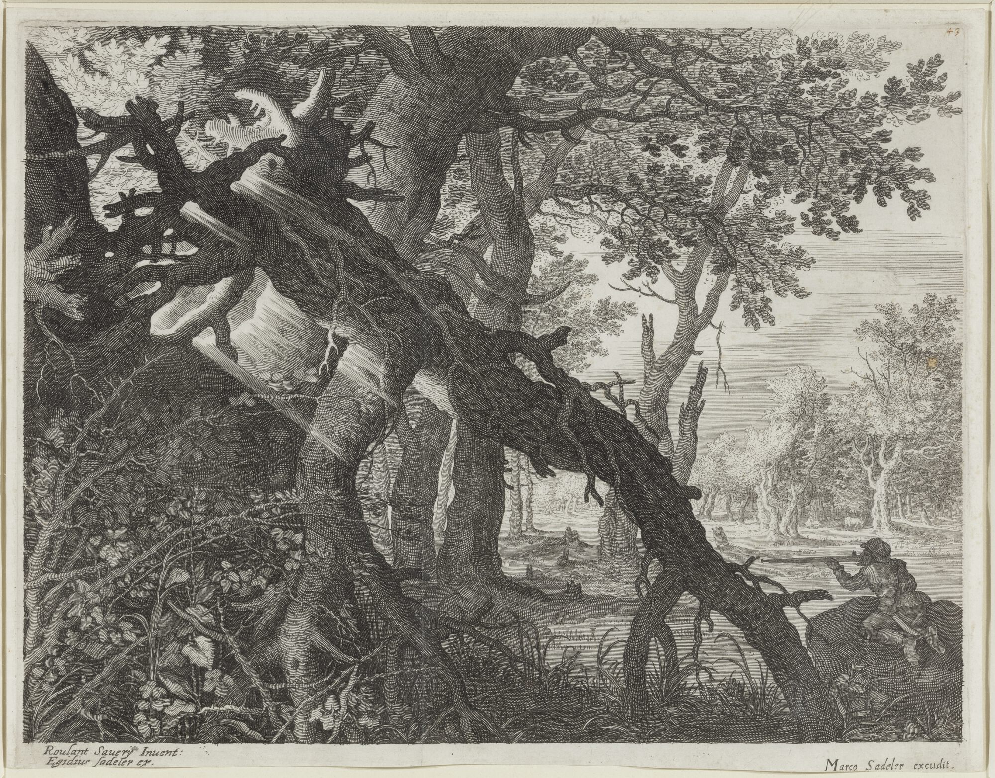 Jager en haas, uit een reeks gravures naar Roelant Savery, 17de eeuw