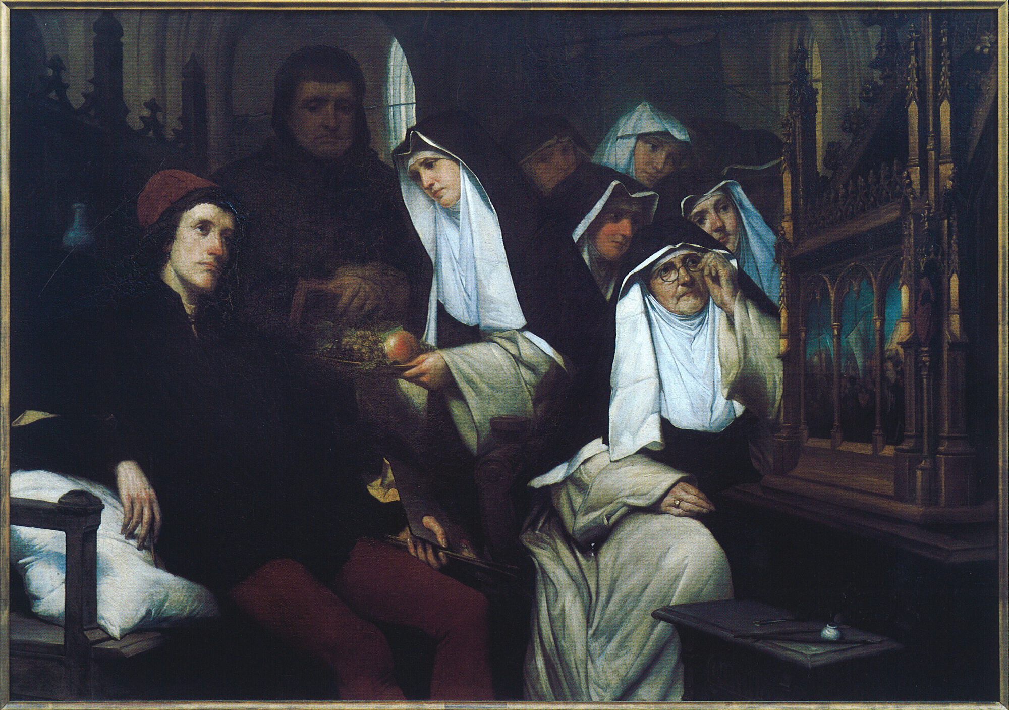 Memling schildert het Ursulaschrijn in het hospitaal in Brugge, 1857