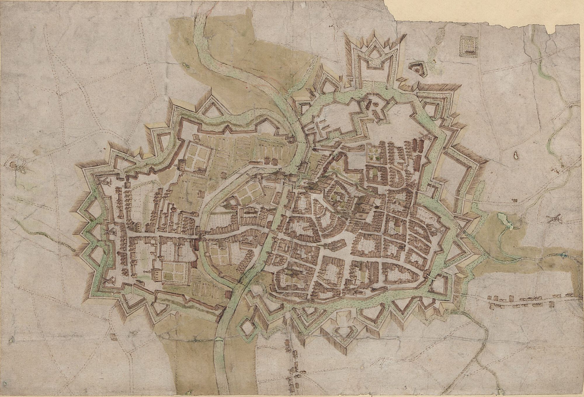 Kortrijk in vogelvlucht vanuit het zuiden, na 1684