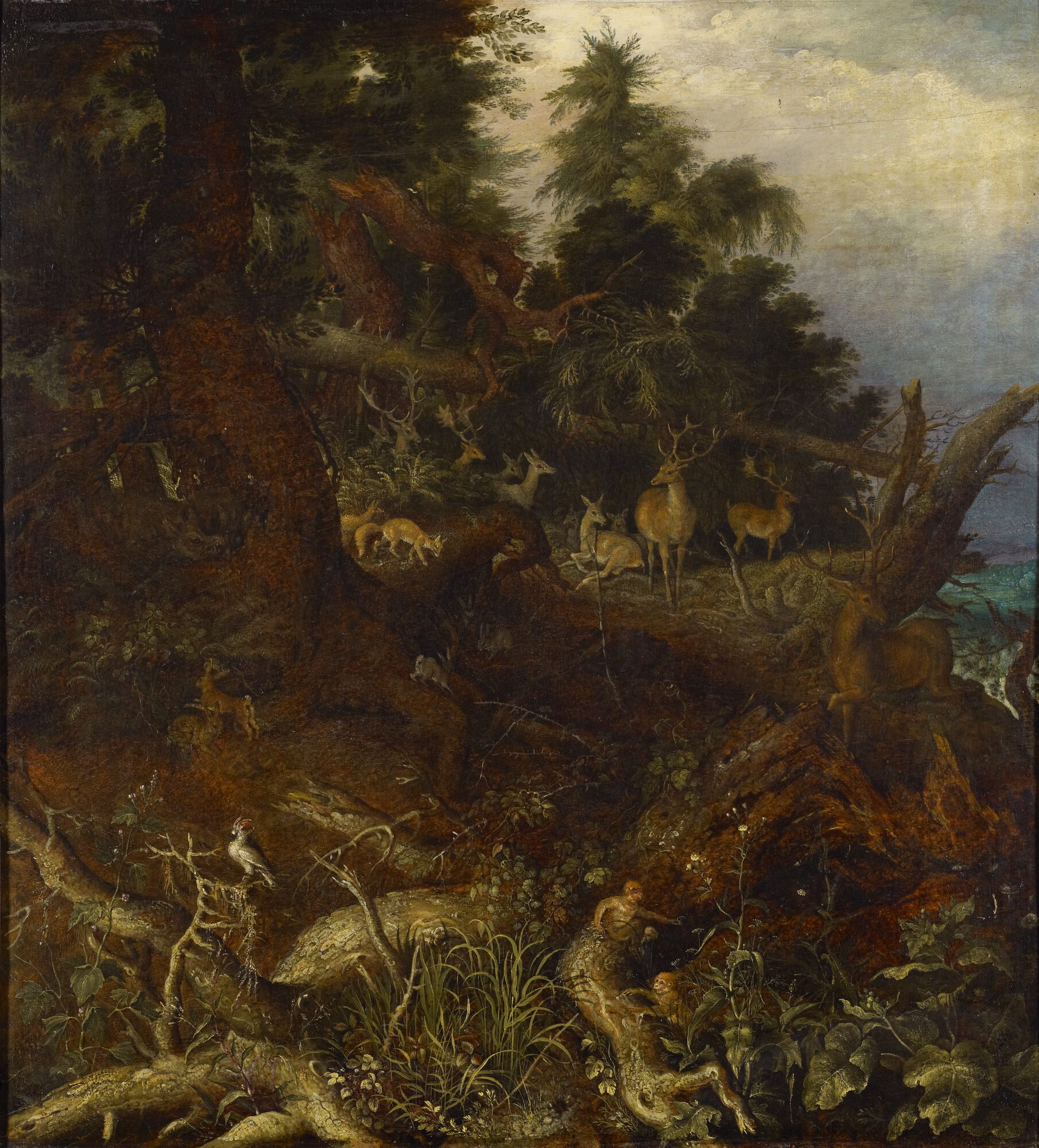 Landschap met herten, apen, hazen, vossen, 1607