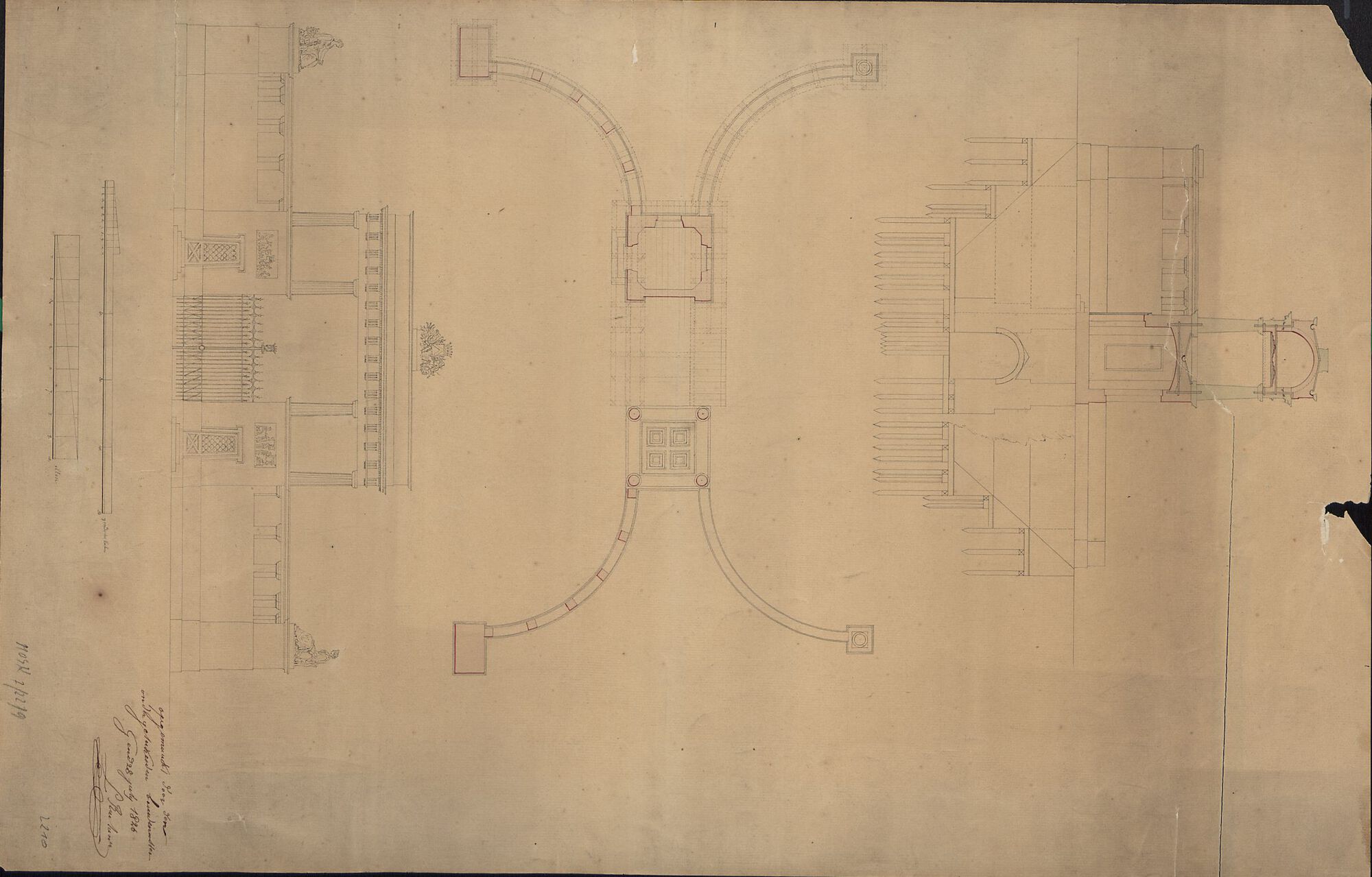 Ontwerptekening van monumentale poort met wapen van Kortrijk en emblemen van Kunst en Industrie, 1826