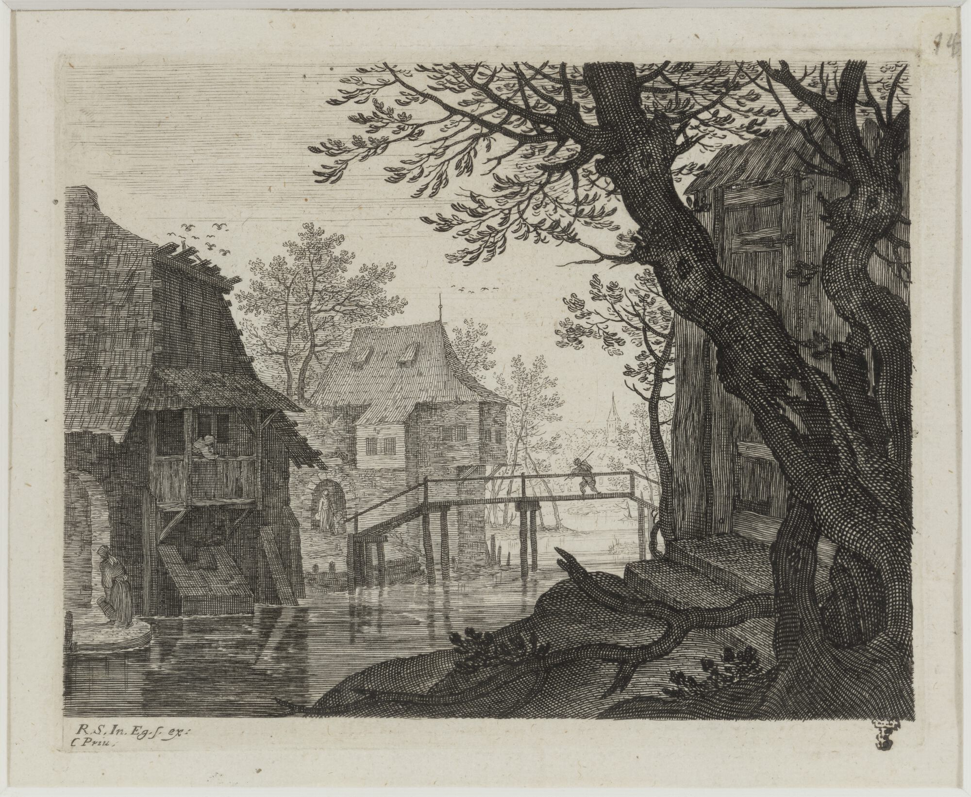 Rivier en huizen, uit een reeks van gravures naar Roelant Savery, 17de eeuw