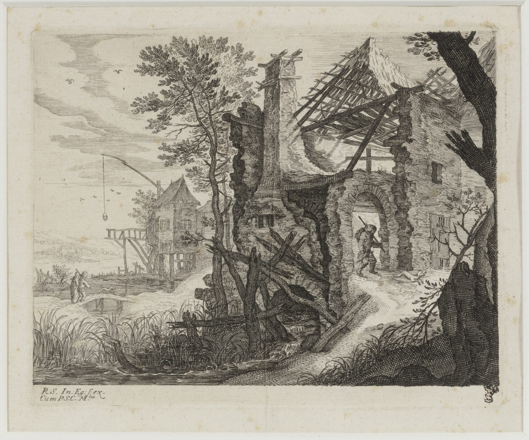 Ruine van een huis of poort, uit een reeks van gravures naar Roelant Savery, 17de eeuw