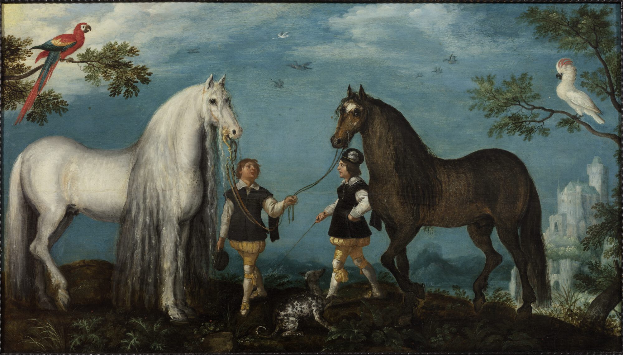 Twee paarden en palfreniers, 1628