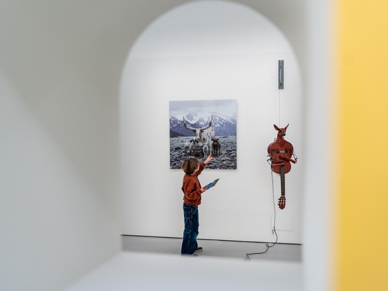 jongetje in museumzaal wijzend naar kunstwerk