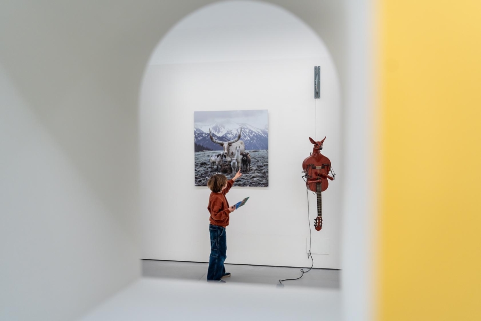 jongetje in museumzaal wijzend naar kunstwerk